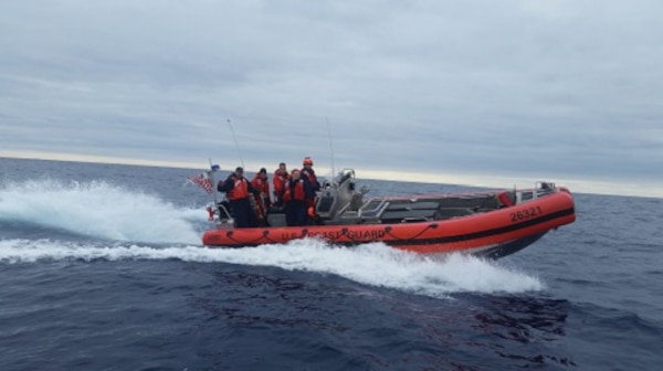 Crewmembers BM3 Kelly Coleman, BM3 Ben Ahlin, MK3 Aaron Key, BM2 Julia Kinney, and MK1 Josh Tauscher during small boat ops.