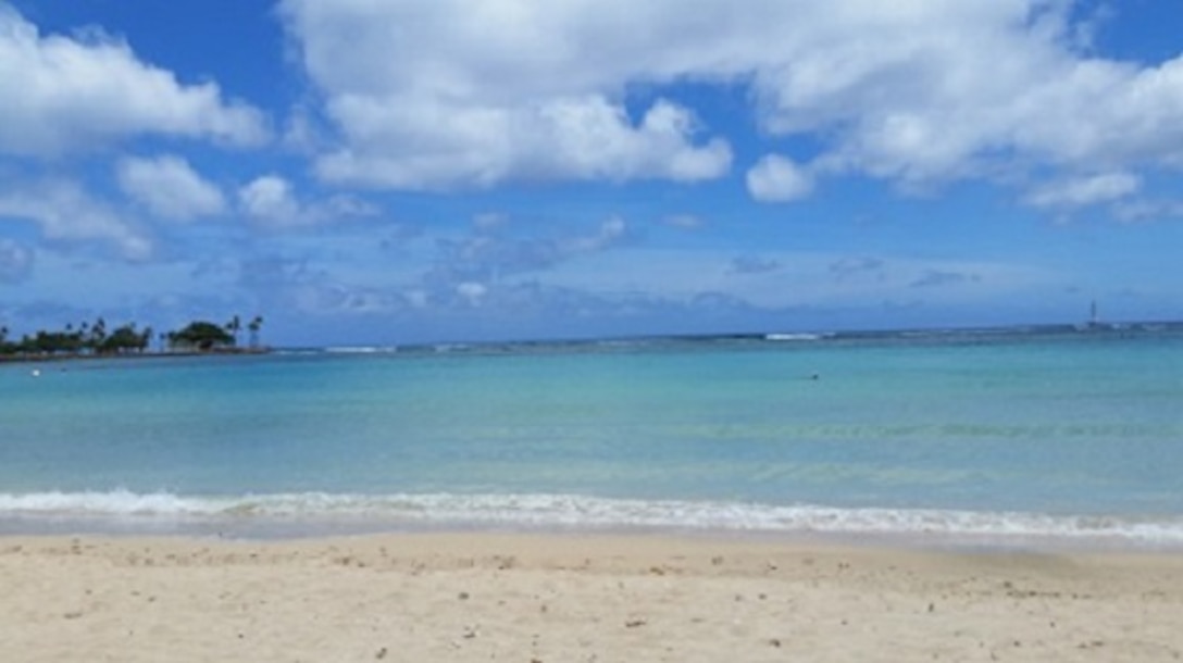 The iconic white sand beaches of Hawaii, taken near Waikiki.