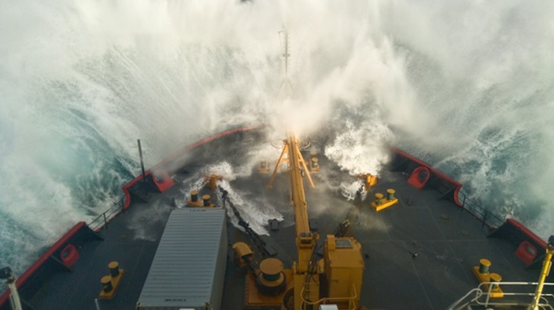HEALY’s bow parting waves as we transited through heavy seas.