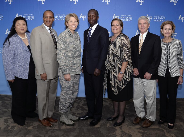 Lt. Gen. Michelle Johnson, the superintendent of the U.S. Air Force Academy (third from left) stands with six members of the Academy's Board of Visitors during their July 28, 2017, visit to the Academy. The board members are appointed by Congress and make recommendations on Academy issues to senior Air Force and Defense Department leaders. (U.S. Air Force photo/Bill Evans)