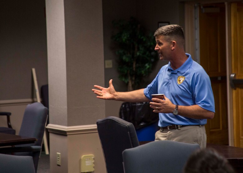 Colonel Jeffery C. Smitherman, Commanding Officer of 6th Marine Corps District (6MCD), speaks to 6MCD Marines and spouses during the District Spouse Orientation Course (DSOC) at Irby’s Inn aboard Marine Corps Air Station Beaufort, South Carolina, July 25, 2017.  The DSOC provided Marines and their spouses a broad spectrum of tools to help them transition into the Marine Corps’ recruiting field. The spouses came from across the District to build connections and network with fellow spouses. (U.S. Marine Corps photo by Lance Cpl. Jack A. E. Rigsby)