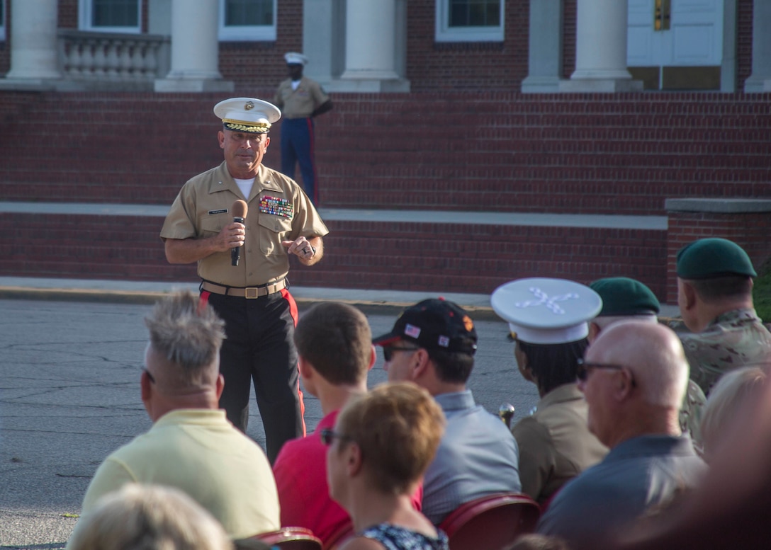 Brigadier General Austin E. Renforth, Commanding General of Eastern Recruiting Region and Marine Corps Recruit Depot (MCRD) Parris Island, South Carolina, speaks to spouses at the Morning Colors flag raising ceremony during the District Spouse Orientation Course (DSOC) aboard MCRD Parris Island, July 28, 2017.  The DSOC provided Marines and their spouses a broad spectrum of tools to help them transition into the Marine Corps’ recruiting field. The spouses came from across the District to build connections and network with fellow spouses. (U.S. Marine Corps photo by Lance Cpl. Jack A. E. Rigsby)