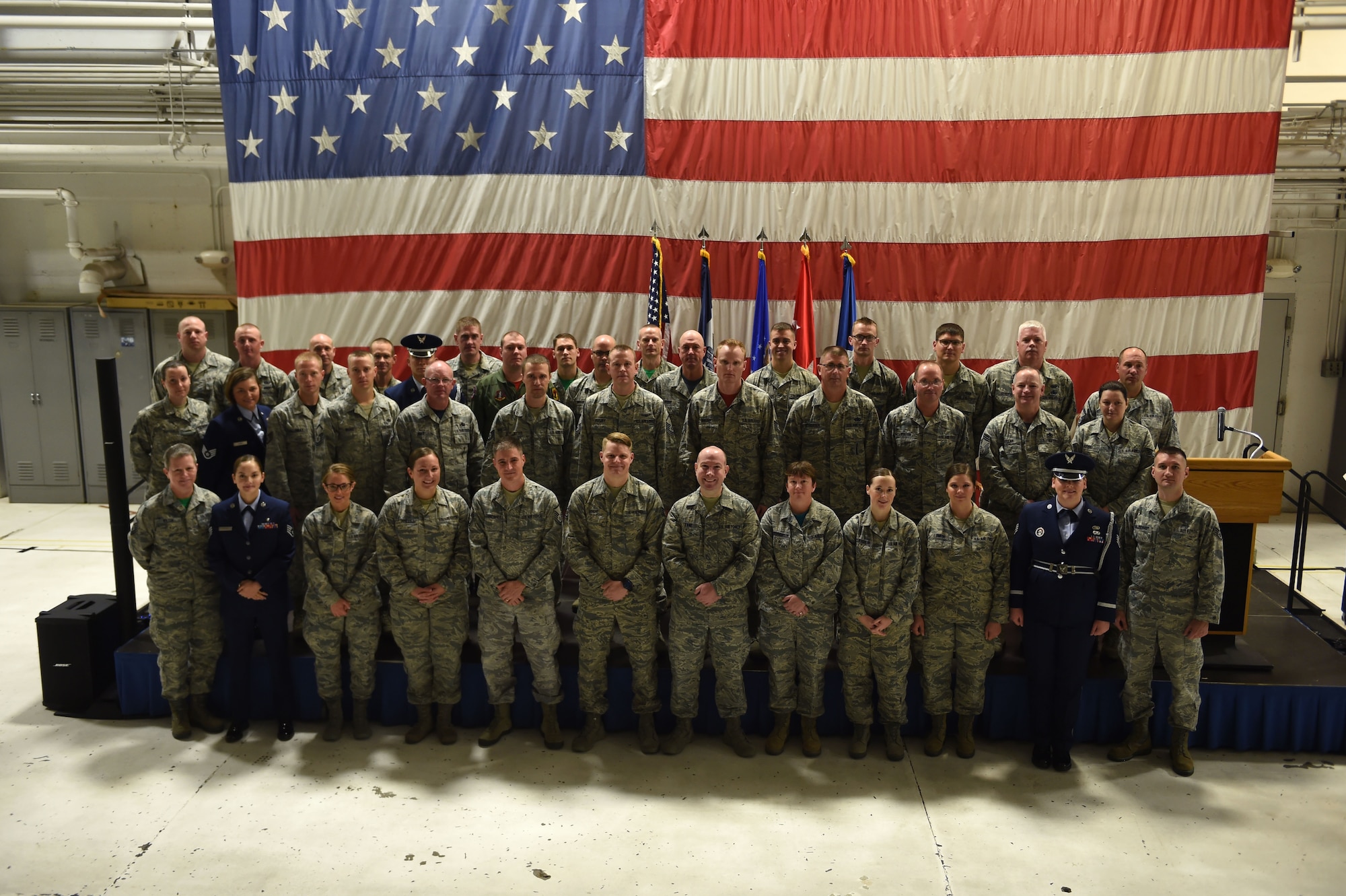 132d Wing Community College of the Air Force (CCAF) degree recipients pose for a photo during the 2016 end of year awards November 5, 2016, at the Des Moines Air Base, Iowa. The 132d Wing has been number one in CCAF degrees in the entire Air National Guard the past two years. (U.S. Air National Guard photo by Staff Sgt. Michael. J. Kelly)