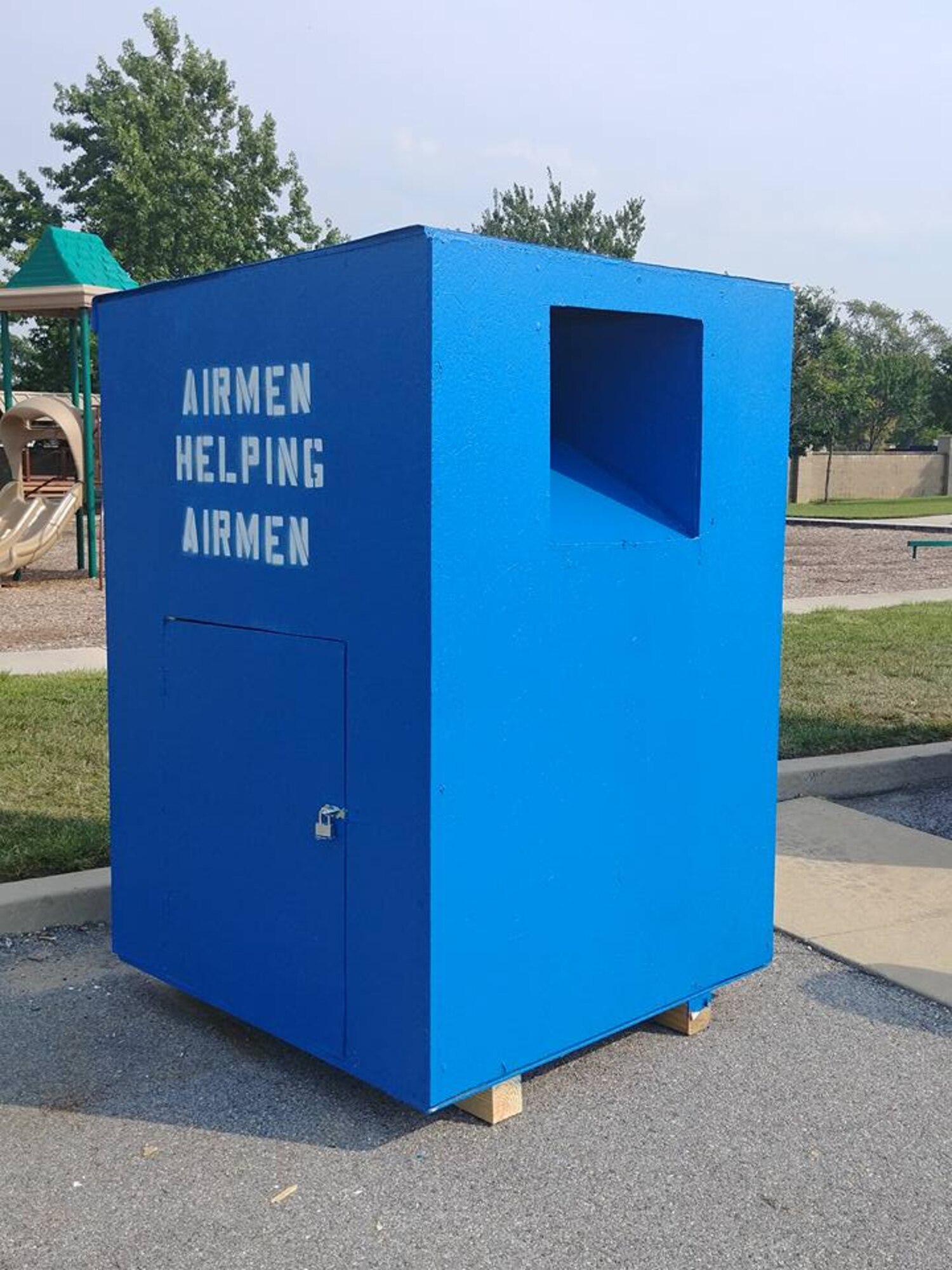 One of the Airmen’s Attic donation boxes July 20, 2017, on Dover AFB, Del. The boxes will be used to help the Airmen’s Attic get donations and make dropping off more convenient for base residents. “We built them to help the airmen's attic get donations. The problem was that with their hours, people had a hard time getting donations to them,” said TSgt. Jerry Ivey, 436th Airlift Wing Command Post. “There were donation boxes in housing, but they were for good will. I thought if we could give to people off base we should be able to take care of our own.”