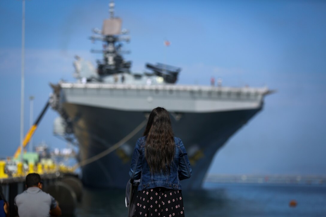 A wife and child wait to watch the departure of the America Amphibious Ready Group/15th Marine Expeditionary Unit’s Western Pacific 17-2 15th Marine Expeditionary Force at Naval Base San Diego July 7, 2017. The 15th MEU will provide a forward-deployed, flexible sea-based Marine Air-Ground Task Force capable of conducting a variety of combat and humanitarian missions. (U.S. Marine Corps photo by Sgt. Will Perkins)