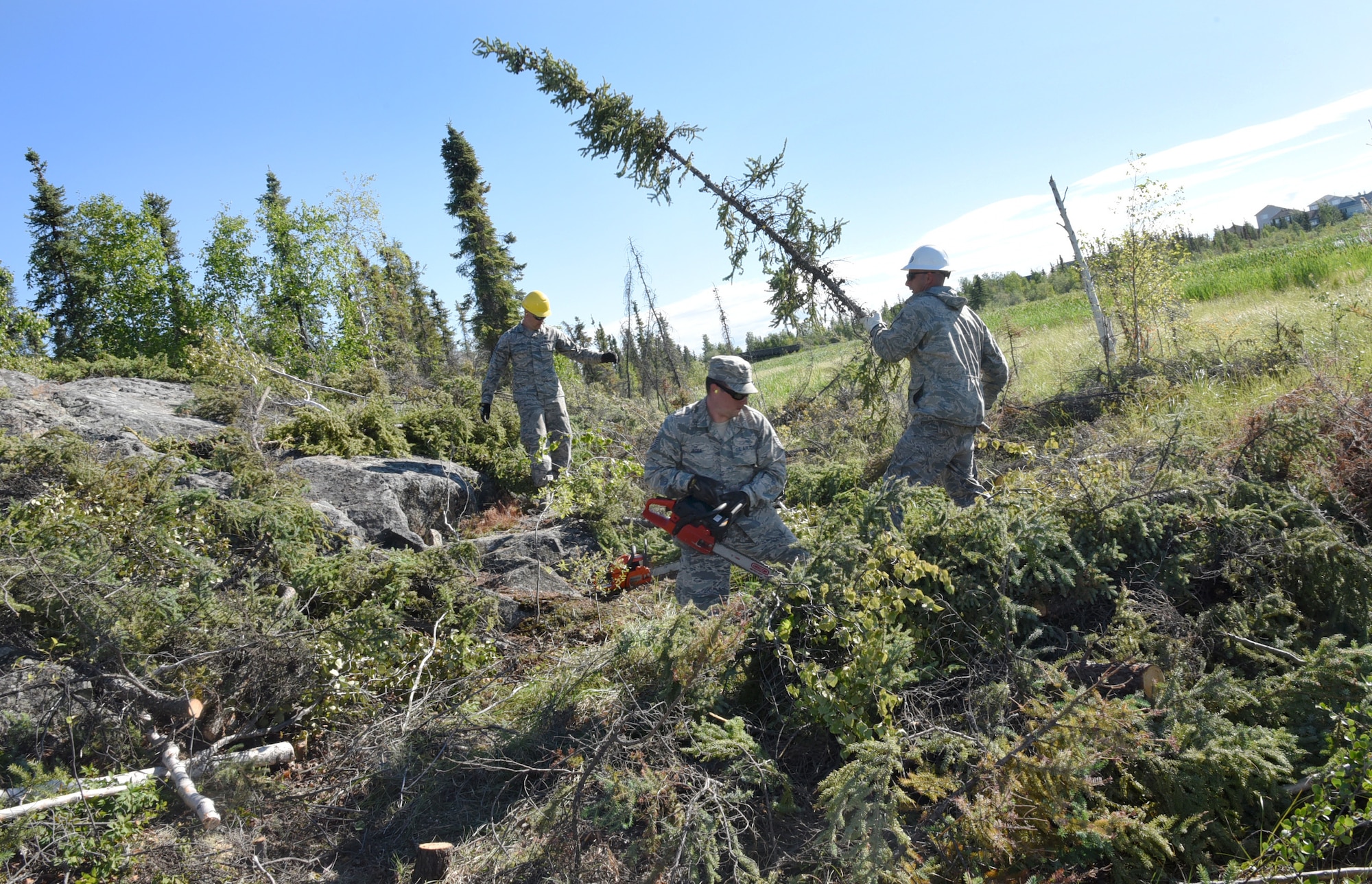 Oregon Airmen from the 142nd Fighter Wing Civil Engineer Squadron (CES) cut and clear a pathway to connect the trail around Niven Lake at Yellowknife, Northwest Territories, Canada, July 18, 2017. The CES members are spending two-weeks in Canada working on a variety of projects during their Deployment for Training (DFT). (U.S. Air National Guard photo/Master Sgt. John Hughel, 142nd Fighter Wing Public Affairs)