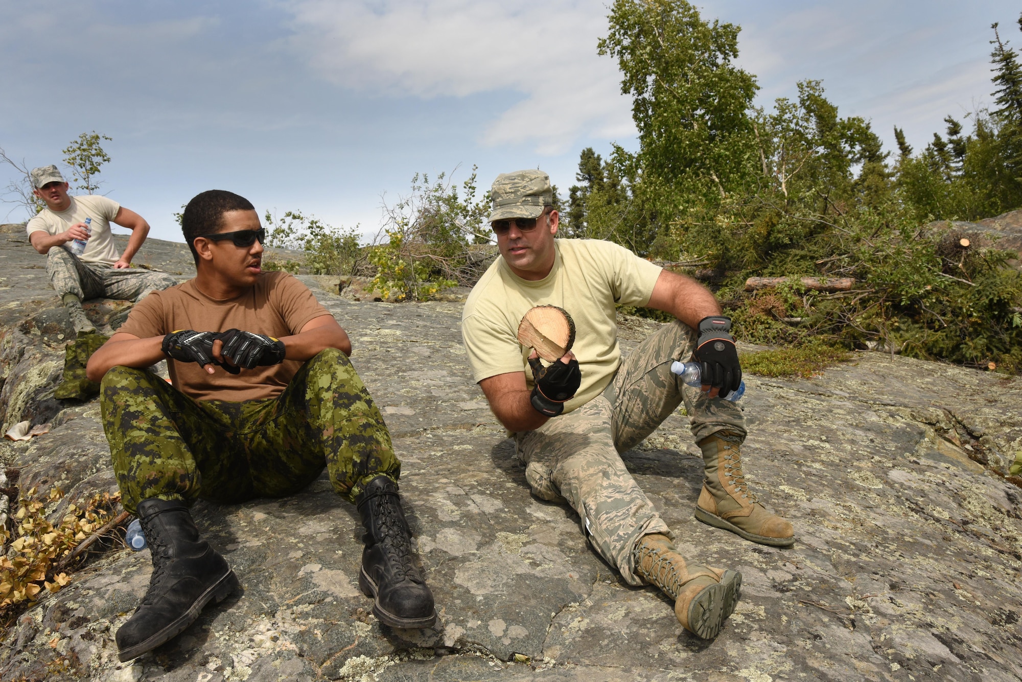 Oregon Air National Guard Staff Sgt. Tyler O;Bryant (right), assigned to the 142nd Fighter Wing Civil Engineer Squadron, discusses a tree core sample with Canadian Armed Forces Private Corey Blackmore (left) during a rest break while clearing trees at Niven Lake, Yellowknife, Northwest Territories, Canada, July 24, 2017. The Oregon Airmen are also collaborating with Canadian Armed Forces members from Cold Lake, Alberta, who are also deployed to Yellowknife for training. (U.S. Air National Guard photo/Master Sgt. John Hughel, 142nd Fighter Wing Public Affairs)