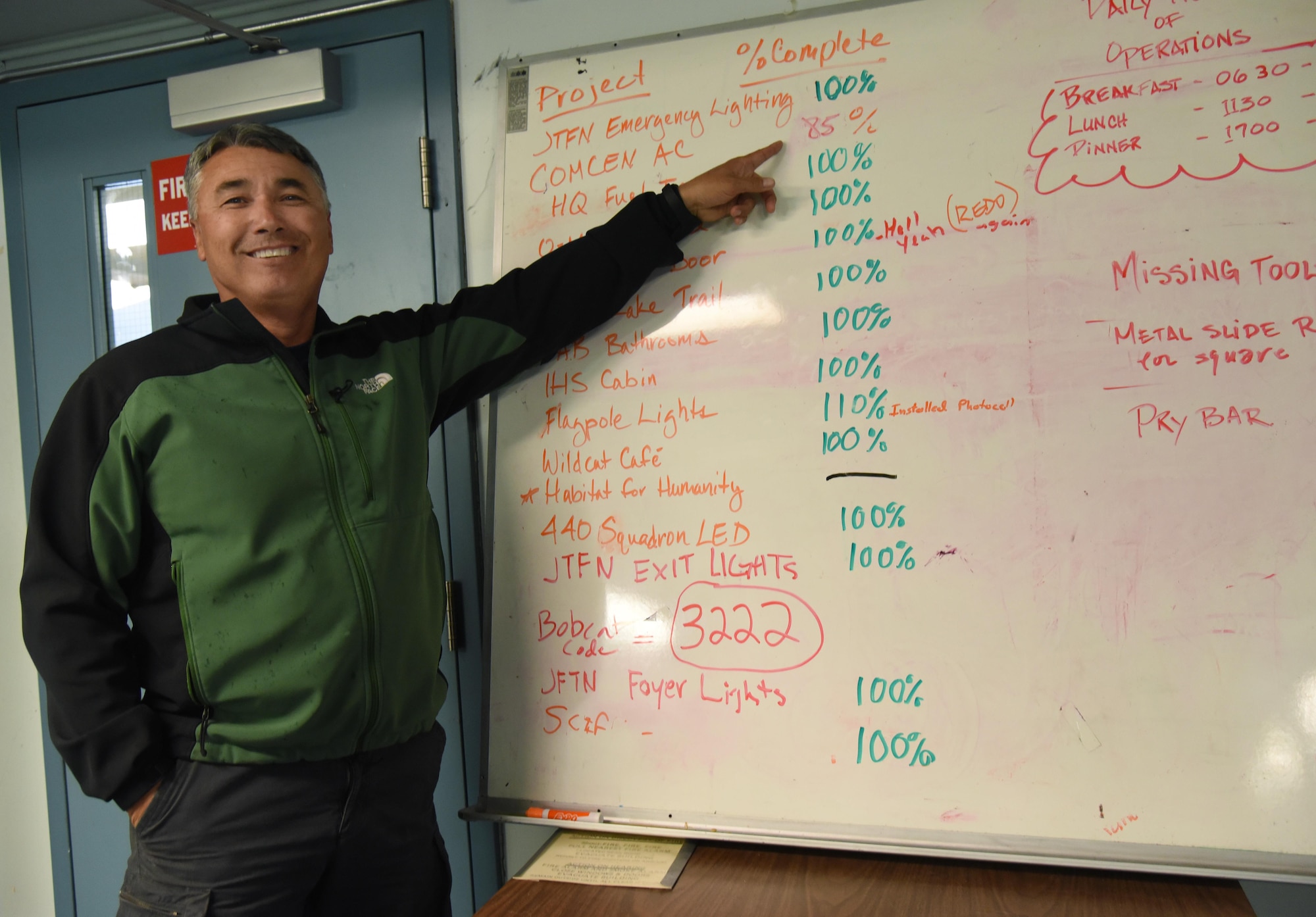 Oregon Air National Guard Chief Master Sgt. Ronald Eckert, 142nd Fighter Wing Civil Engineer Squadron, points out the last project still pending completion as the Deployment For Training comes to a conclusion in Yellowknife, Northwest Territories, Canada, July 28, 2017. Over 30 CES members are spending two-weeks in Canada working on a variety of projects during their Deployment for Training (DFT). (U.S. Air National Guard photo/Master Sgt. John Hughel, 142nd Fighter Wing Public Affairs)