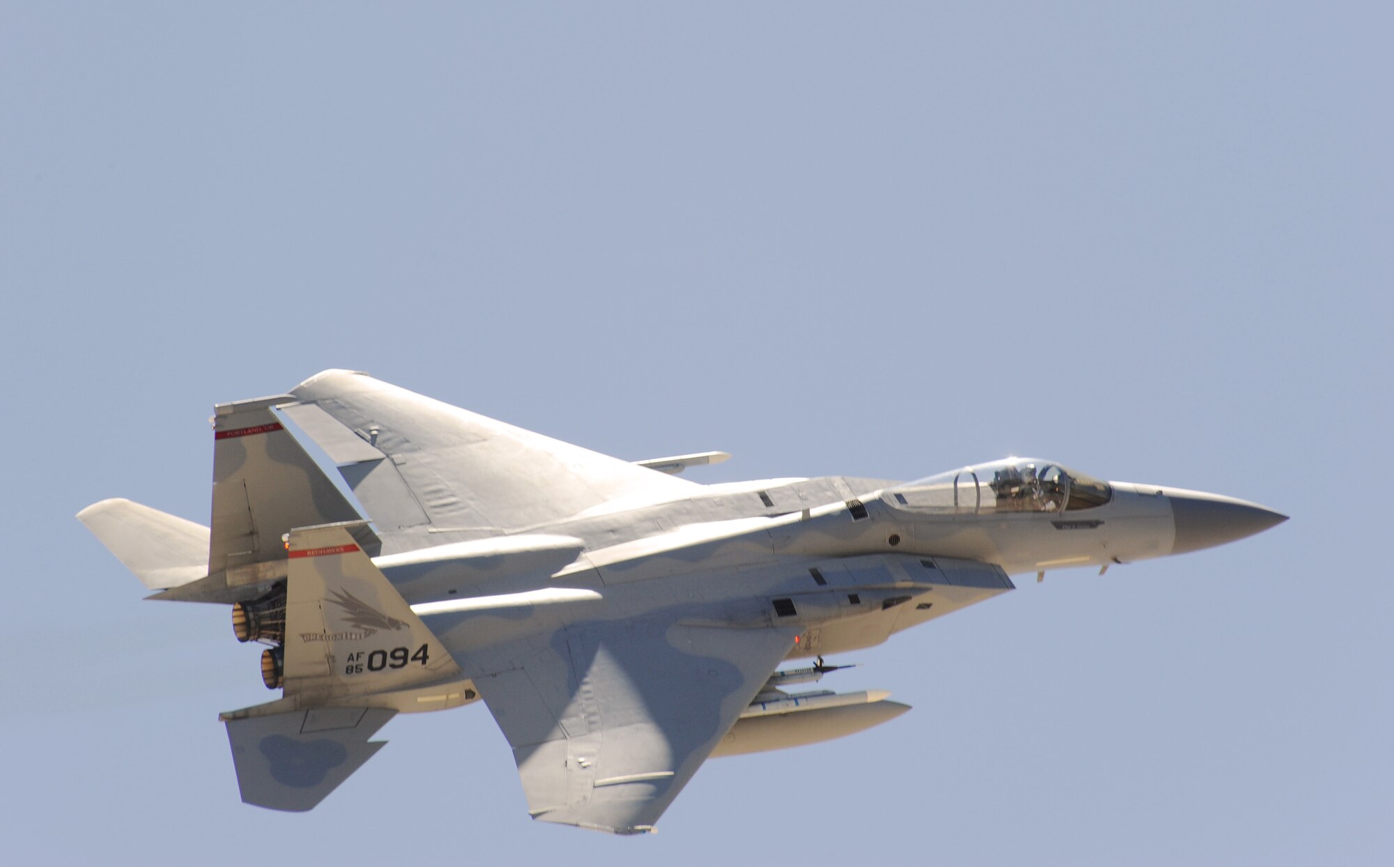An F-15 Eagle assigned to the 142nd Fighter Wing, Oregon Air National Guard, takes off from Nellis Air Force Base, Nev., as part of the the Weapons Instructor Course (WIC), June 1, 2017. The Oregon Airmen are playing an the role of aggressors during their three-week WIC temporary duty assignment. (U.S. Air National Guard photo by Master Sgt. John Hughel, 142nd Fighter Wing Public Affairs). 