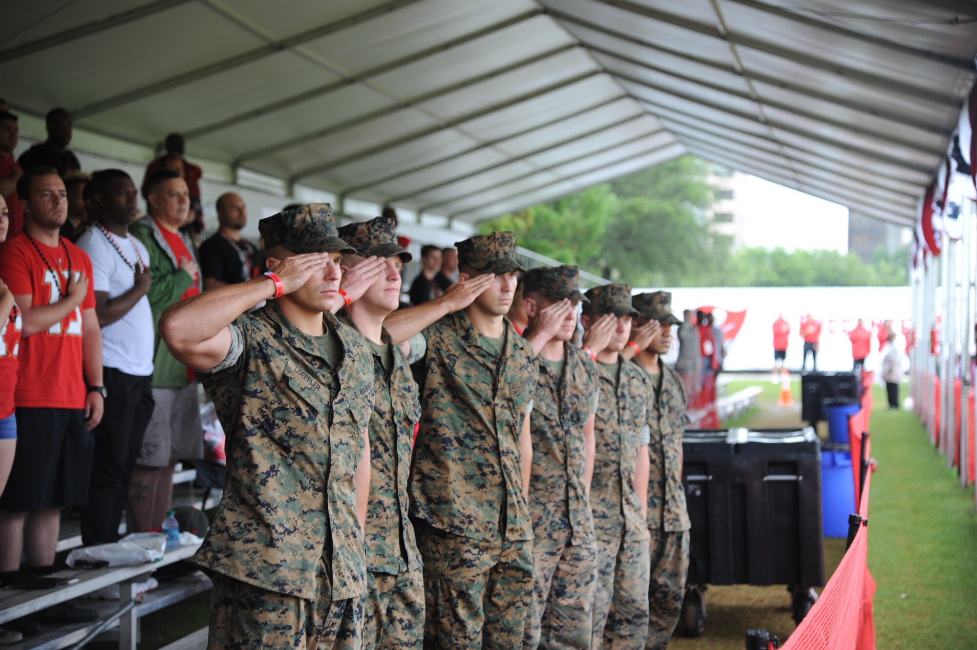 The season’s first pads-on day at the Tampa Bay Buccaneers Training Camp, was no ordinary day at One Buc Place, Tampa, Florida, July 31, 2017. Instead of the bleachers filled with your traditional fans, Airmen from the 927th Air Refueling Wing along with other military members from MacDill Air Force Base, Florida showed up in force to cheer on their hometown team, the Tampa Bay Buccaneers. (U.S. Air Force Photo by TSgt. Peter Dean) 