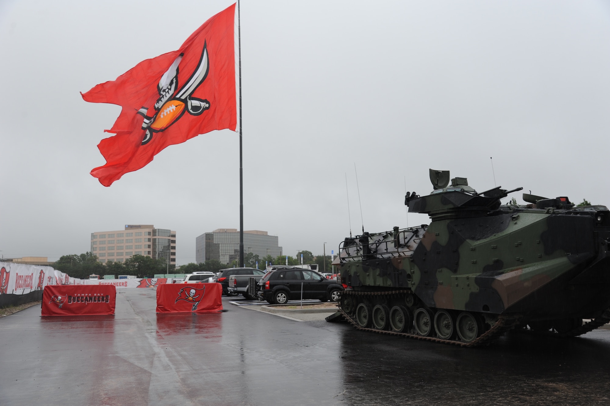 The season’s first pads-on day at the Tampa Bay Buccaneers Training Camp, was no ordinary day at One Buc Place, Tampa, Florida, July 31, 2017. Instead of the bleachers filled with your traditional fans, Airmen from the 927th Air Refueling Wing along with other military members from MacDill Air Force Base, Florida showed up in force to cheer on their hometown team, the Tampa Bay Buccaneers. (U.S. Air Force Photo by TSgt. Peter Dean) 