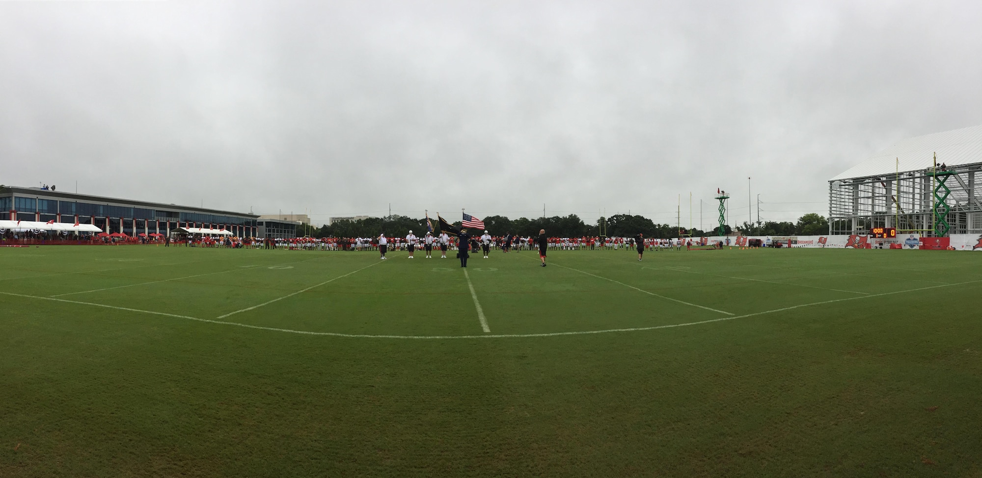 The season’s first pads-on day at the Tampa Bay Buccaneers Training Camp, was no ordinary day at One Buc Place, Tampa, Florida, July 31, 2017. Instead of the bleachers filled with your traditional fans, Airmen from the 927th Air Refueling Wing along with other military members from MacDill Air Force Base, Florida showed up in force to cheer on their hometown team, the Tampa Bay Buccaneers. (U.S. Air Force Photo by TSgt. Peter Dean) 