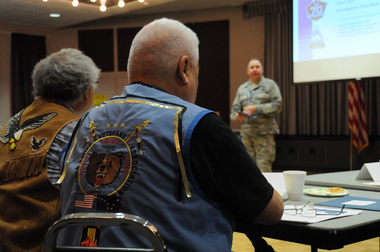 EIELSON AIR FORCE BASE, Alaska —Willie Lord and Victor Lord, members of the Nenana Native Council, listen as Lt. Col. John Oberst, commander 213th Space Warning Squadron, Clear Air Force Station, Alaska, welcomes the members of the Council to a tribal relations meeting at Clear, July 12, 2017. Air National Guard and Air Force leaders invited the Council members to the base in order to reestablish relations between the Alaskan Natives and the interior-Alaska base, located 24 miles from Nenana. (U.S. Air National Guard photo by Airman 1st Class Amber Bowers/Released)