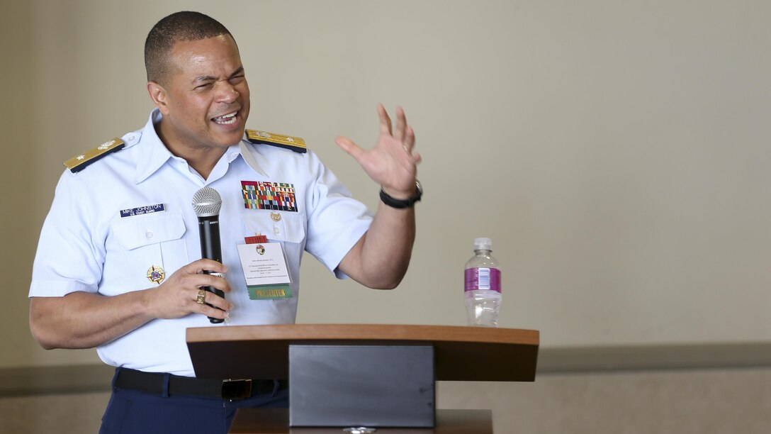 U.S. Coast Guard Rear Adm. Mike Johnson, a presenter at the National Naval Officers Association Symposium (NNOA), gives a lesson titled ‘Lead Where You Are’ to fellow officers at the Admiral Kidd Catering & Conference Center, Naval Base Point Loma, Calif., July 26, 2017. The NNOA actively supports U.S. Marine Corps, Navy, Coast Guard and the National Oceanic and Atmospheric Administration in the recruitment, development and retention of a diverse Officer Corps that is representative of the best our nation has to offer. The theme of this year’s symposium was “Developing Leaders Through Education, Experience and Personal Development.” (U.S. Marine Corps photo by Pfc. Noah M. Rudash)