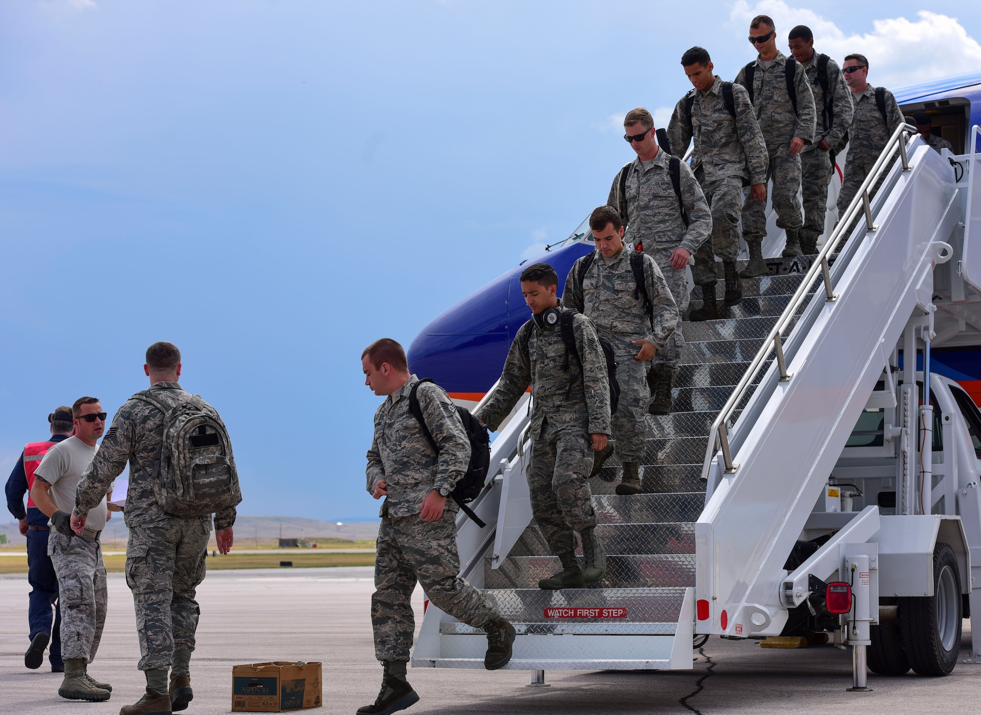 Ellsworth Airmen return from Nellis Air Force Base, Nevada, after participating in Red Flag 17-3, July 29, 2017. Red Flag is the world’s largest combat exercise and incorporates ground, air, space and cyber space elements to prepare aircrews for future threats and environments. (U.S. Air Force photo by Airman 1st Class Randahl J. Jenson) 