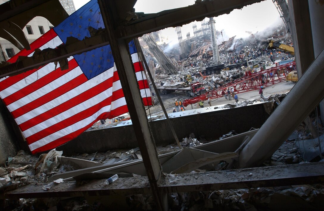 The American flag is a prominent icon in the heart of what was once the World Trade Center.