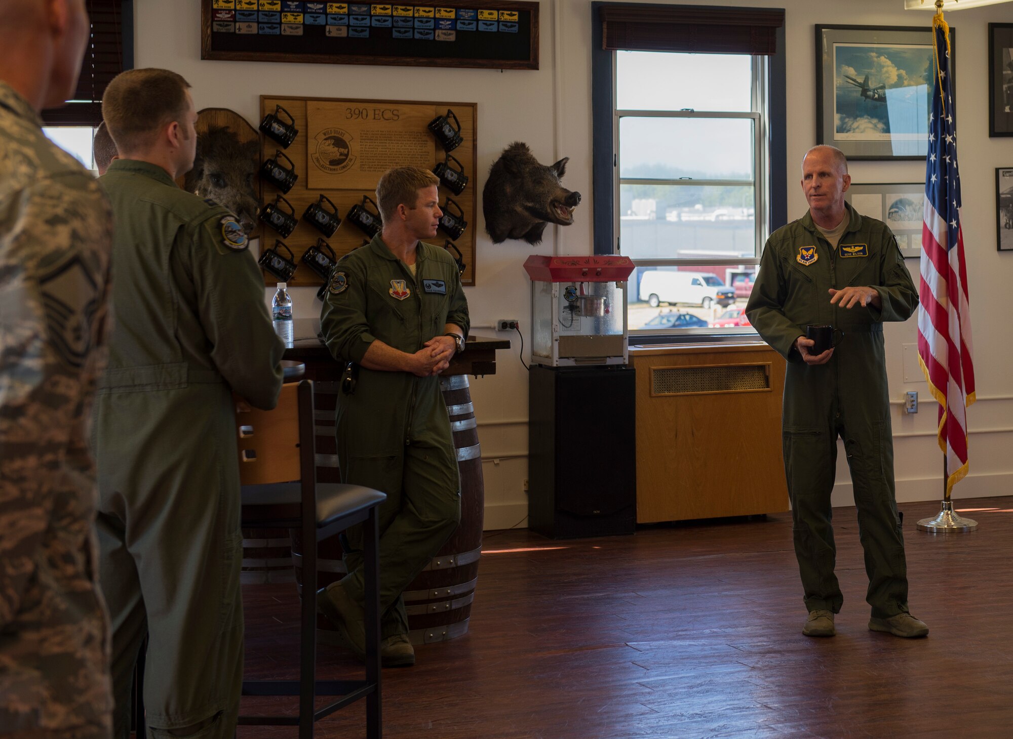 Air Force Vice Chief of Staff Gen. Stephen W. Wilson addresses members of the 390th Electronic Combat Squadron at Whidbey Island Naval Air Station, Wash., July 25, 2017. Wilson spent part of his day talking to members of the 390th about the future of electronic warfare and the importance of their mission. (U.S. Air Force photo by Senior Airman Jessica H. Smith/Released)