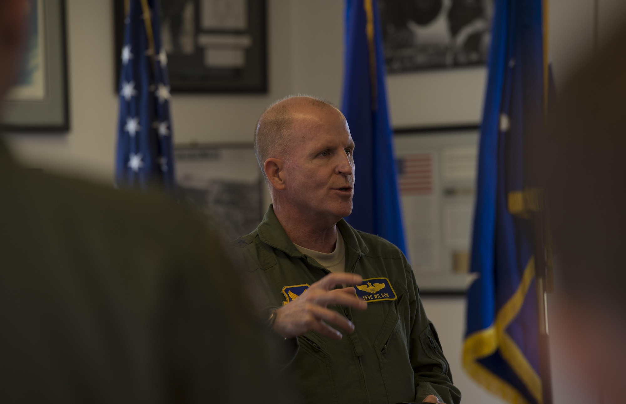 Air Force Vice Chief of Staff Gen.Stephen W. Wilson addresses members of the 390th Electronic Combat Squadron at Whidbey Island Naval Air Station, Wash., July 25, 2017. Wilson was invited to be the key note speaker for an electronic warfare symposium. (U.S. Air Force photo by Senior Airman Jessica H. Smith/Released)