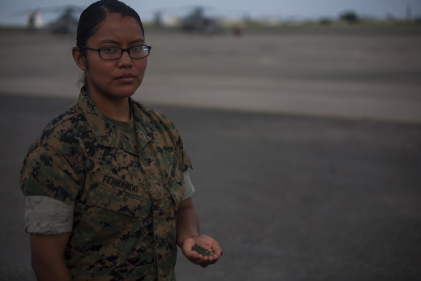 Marine Corps Lance Cpl. Jeanette E. Fernando holds a handful of sand taken from her trip to Iwo Jima, at Marine Corps Air Station Futenma, Okinawa, Japan, Aug. 1, 2017. Fernando and other Marines in her squadron revisited the battlegrounds at which Fernando's grandfather, a Navajo Code Talker, fought during World War II.