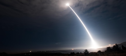 An unarmed Minuteman III intercontinental ballistic missile launches during an operational test at 2:10 a.m. Pacific Daylight Time Wednesday, Aug. 2, 2017, at Vandenberg Air Force Base, Calif. (U.S. Air Force photo by Senior Airman Ian Dudley)
