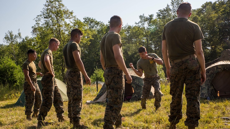 U.S. Marine Sgt. Kevin Eskins, a combat engineer with 4th Combat Engineers Battalion, 4th Marine Division, Marine Forces Reserve, demonstrates a horizontal hammer fist during a Marine Corps Martial Art Program course at Camp Grayling, Michigan, during exercise Northern Strike 2017, July 31, 2017. Northern Strike 2017 brought together Reserve Marine from across the country to provide realistic combined arms trainings to cover a spectrum of combat scenarios.