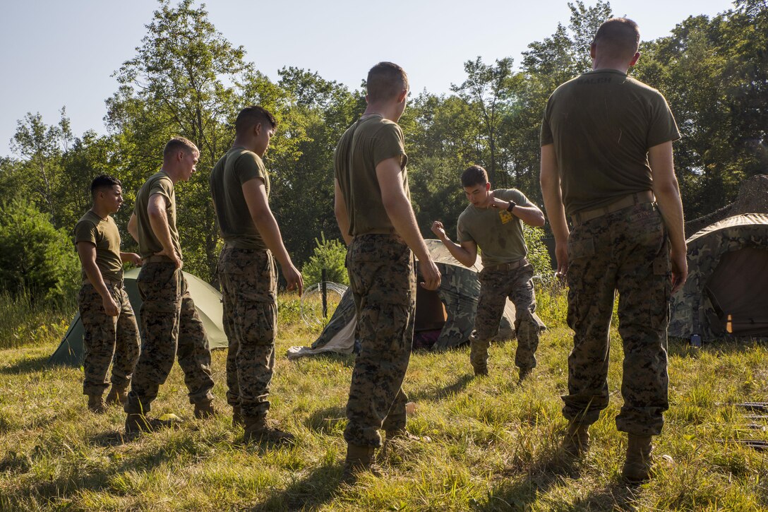 U.S. Marine Sgt. Kevin Eskins, a combat engineer with 4th Combat Engineers Battalion, 4th Marine Division, Marine Forces Reserve, demonstrates a horizontal hammer fist during a Marine Corps Martial Art Program course at Camp Grayling, Michigan, during exercise Northern Strike 2017, July 31, 2017.