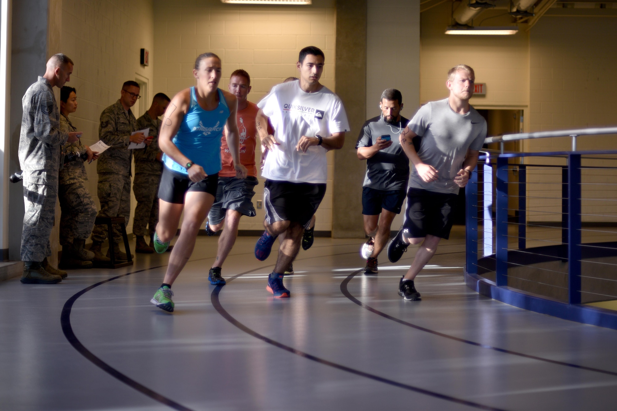 Participants begin the mile and a half run during San Angelo Special Ops Challenge in the Ben Kelly Center for Human Performance in San Angelo, Texas, July 29, 2017. Participants must complete the run in under 11 minutes to qualify for Special Operations. (U.S. Air Force photo by Airman 1st Class Randall Moose/Released)