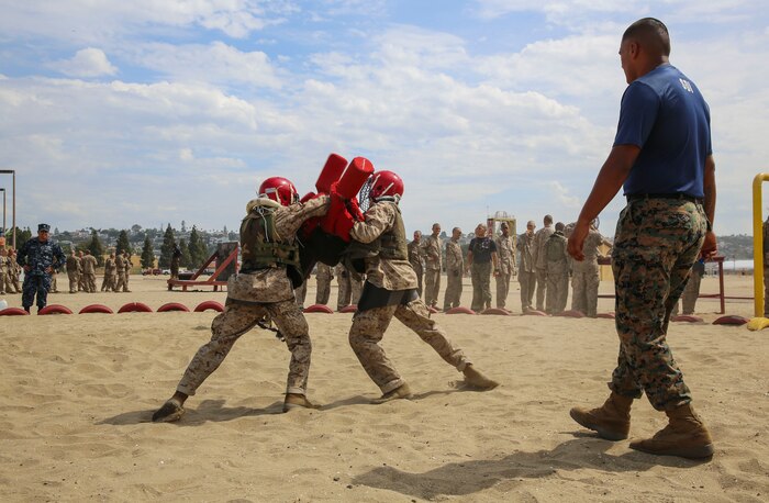 Recruits from India Company, 3rd Recruit Training Battalion, battle each other during Pugil Sticks I at Marine Corps Recruit Depot San Diego, Aug. 2.