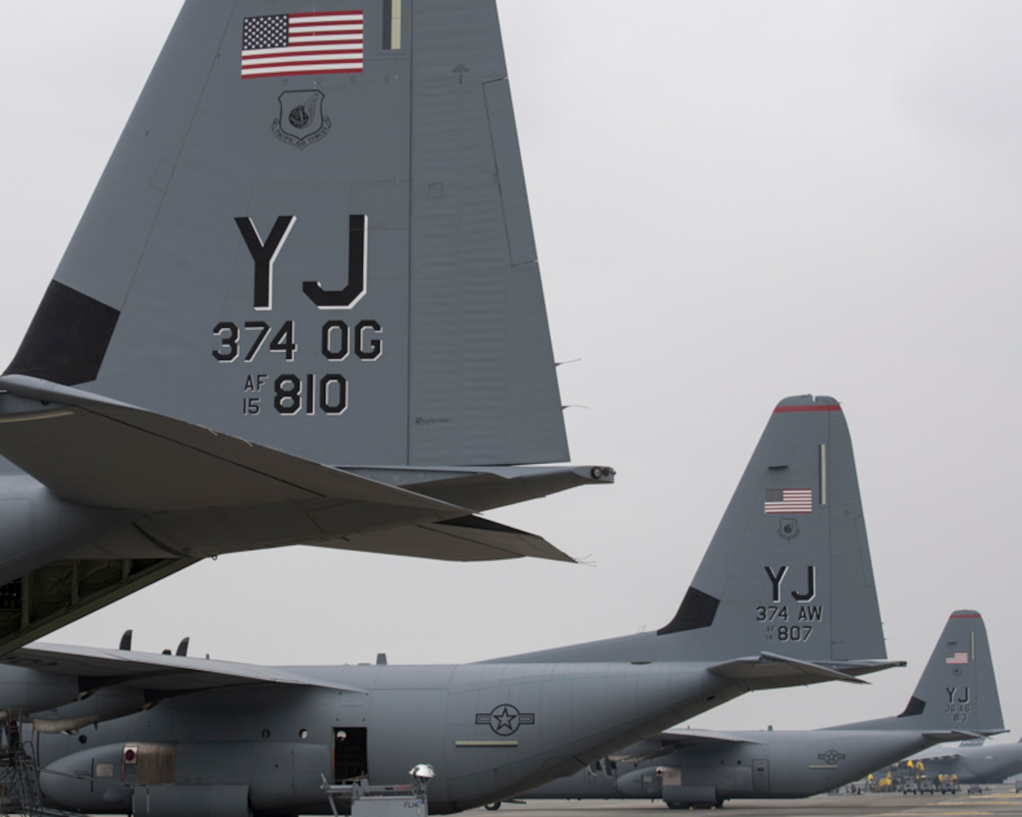U.S. Air Force C-130J Super Hercules' sit on the flightline