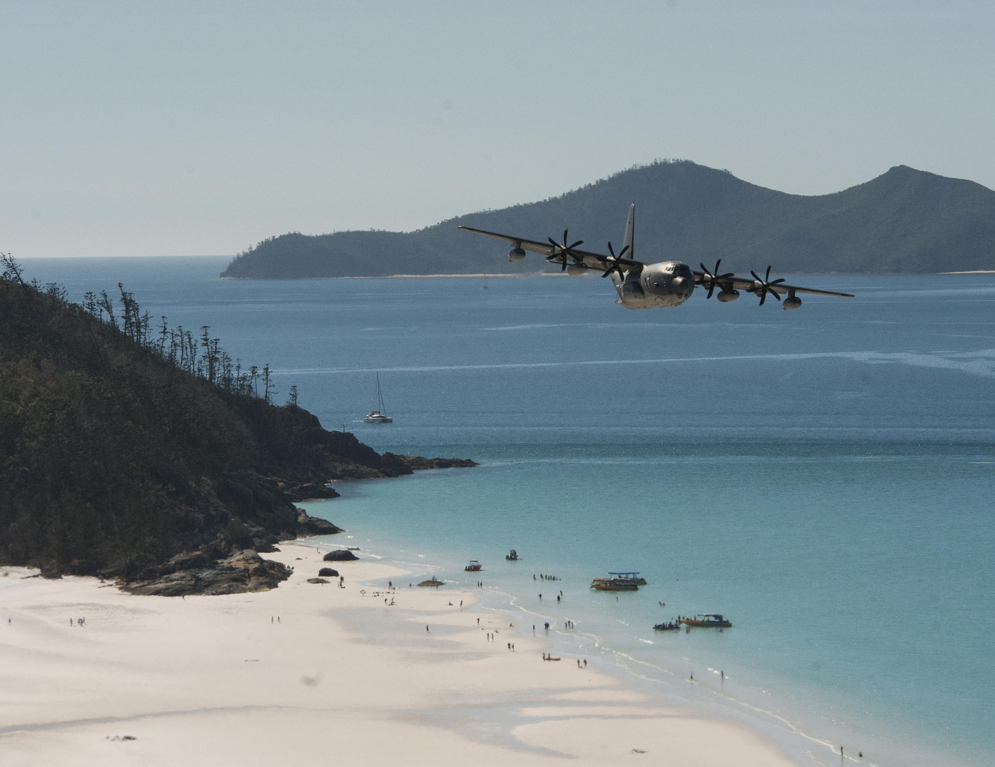 A U.S. Air Force 17th Special Operations Squadron MC-130J Commando II flies in dissimilar formation with a No. 37 Squadron Royal Australian Air Force C-130J Hercules July 19, 2017, over Queensland, Australia. The bilateral training events performed during Talisman Saber 2017 enable greater interoperability between the U.S. and Australian militaries. (U.S. Air Force photo by Capt. Jessica Tait)