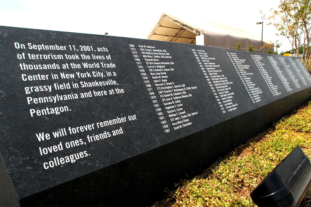An entry stone at the Pentagon Memorial lists the names of 184 victims.