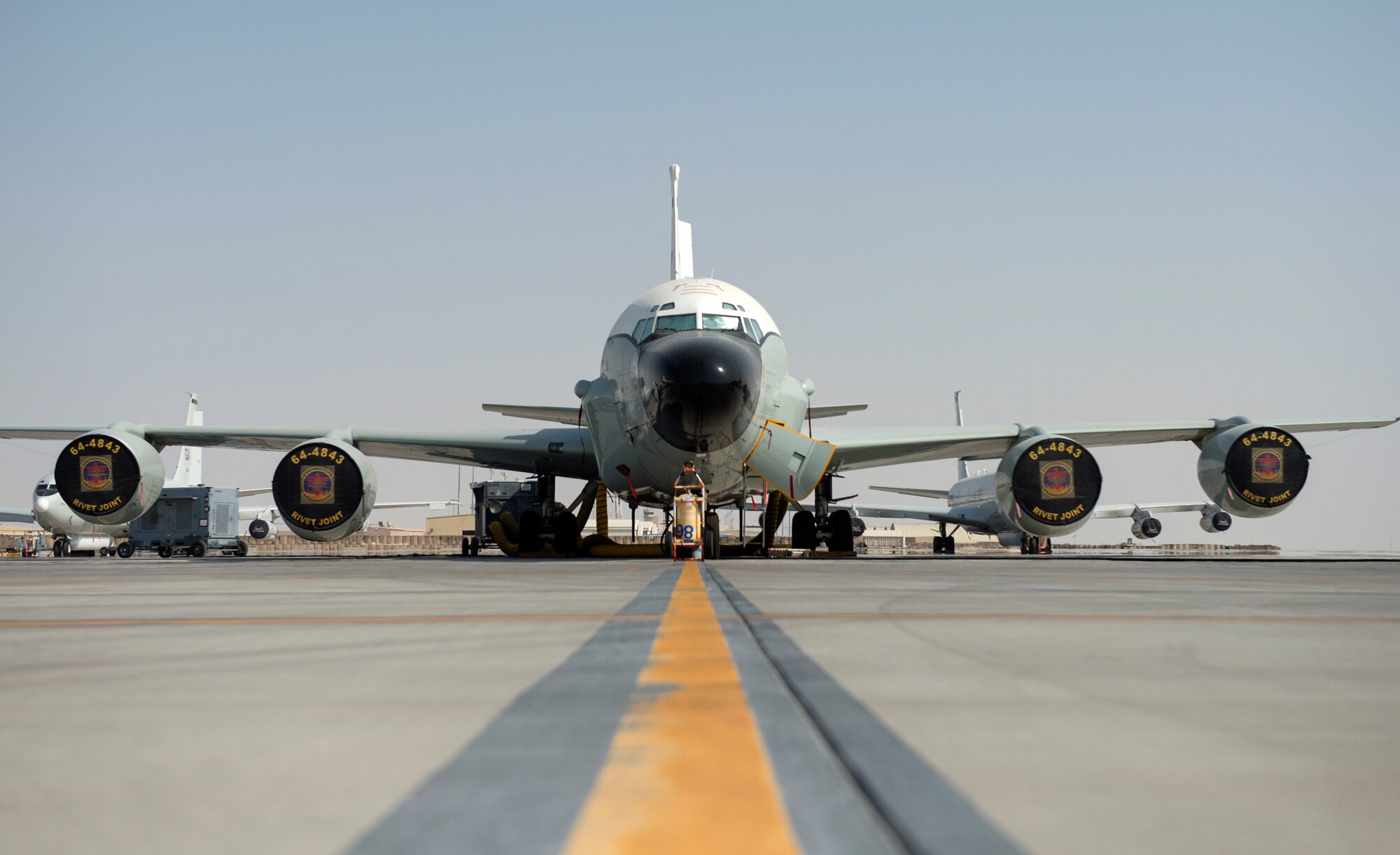 U.S. Air Force RC-135V/W Rivet Joint with the 763rd Expeditionary Reconnaissance Squadron sits on the flight line at Al Udeid Air Base, Qatar, July 28, 2017.
