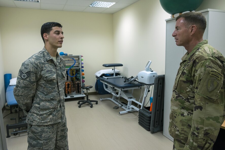 Command Sgt. Maj. William F. Thetford meets with 380th Air Expeditionary Wing Airmen July 26, 2017, at Al Dhafra Air Base, United Arab Emirates.
