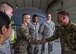 Command Sgt. Maj. William F. Thetford meets with 380th Expeditionary Aircraft Maintenance Squadron Airmen July 26, 2017, at Al Dhafra Air Base, United Arab Emirates. Thetford visited the 380th Air Expeditionary Wing to learn more about the five core missions of the Air Force and the role of airpower in Combined Joint Task Force-Operation Inherent Resolve. (U.S. Air Force photo by Senior Airman Preston Webb)