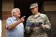 Russel Sharp, prior Air Force crew-chief and flight engineer for a B-25 aircraft, talks with Col. Jeffery Sorrell, 17th Training Wing Vice Commander, during a base tour at the visitor’s center on Goodfellow Air Force Base, Texas, August 2, 2017. Sharp maintained and flew on the B-25 aircraft at the Jacobson Gate. (U.S. Air Force base by Senior Airman Scott Jackson/Released)