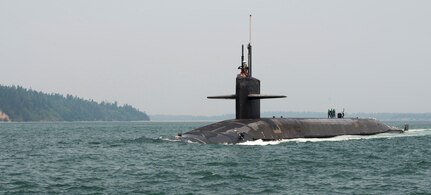 PUGET SOUND, Wash. (Aug. 2, 2017) The Blue Crew of the Ohio-class ballistic-missile submarine USS Pennsylvania (SSBN 735) transits the Hood Canal as the boat returns home to Naval Base Kitsap-Bangor following a routine strategic deterrent patrol. Pennsylvania is one of eight ballistic-missile submarines stationed at the base, providing the most survivable leg of the strategic deterrence triad for the United States. (U.S. Navy photo by Mass Communication Specialist 1st Class Amanda R. Gray)