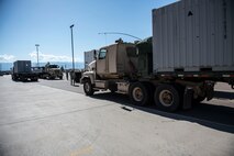 Equipment is loaded and hauled at Holloman Air Force Base N.M., July 28, 2017, by members of Army’s 424th Transportation Company and the 635th Materiel Maintenance Group to be used during Patriot Warrior at Fort McCoy, Wis. Patriot Warrior is a joint field training exercise that replicates all aspects of combat medical service support, and without the cargo provided by Holloman and the delivery made by the Army’s 424th Transportation Company Patriot Warrior could not happen. (U.S. Air Force photo by Senior Airman Chase Cannon)