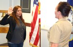 Petty Officer 1st Class Narce Segovia (left) enlisted in the Navy's Health Services Collegiate Program to receive a masters of healthcare administration from Texas State University. After graduation in 2019, Segovia will receive her commission and attend the five-week Officer Development School in Newport, R.I.  Administrating the Oath of Enlistment was Cmdr. Karen Muntean (right), commanding officer, Navy Recruiting District San Antonio.