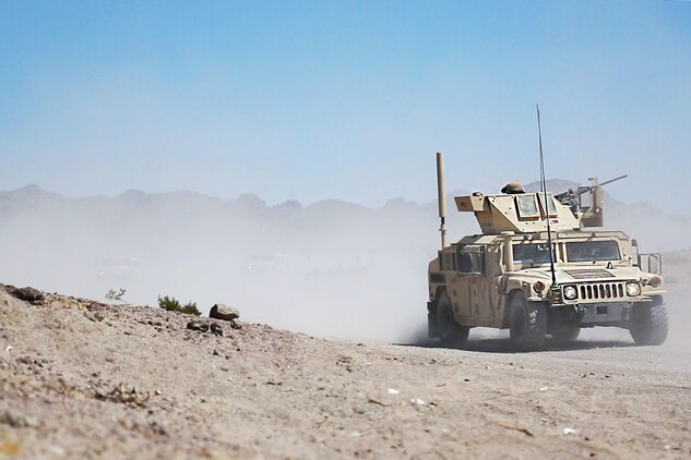 U.S. Marines with Combat Logistics Battalion 2, Marine Air Ground Task Force-8 (MAGTF-8) convoy in a Humvee from range 114A after conducting a Motorized Fire and Movement Exercise (MFME) during Integrated Training Exercise (ITX) 5-17 at Marine Corps Air Ground Combat Center, Twentynine Palms, Calif., July 23, 2017. The purpose of ITX is to create a challenging, realistic training environment that produces combat-ready forces capable of operating as an integrated MAGTF. (U.S. Marine Corps Photo by Sgt. Kassie L. McDole)