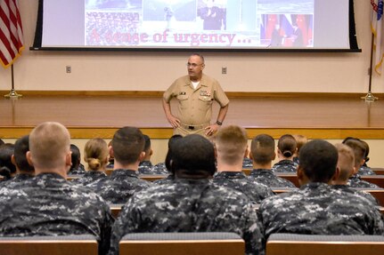 Vice Adm. Forrest Faison, Navy surgeon general and chief, U.S. Bureau of Medicine and Surgery, speaks to students in the newly revised HM “A” School course at the Medical Education and Training Campus, or METC, at Joint Base San Antonio-Fort Sam Houston. The “A” School recently went through a major revision and Faison spoke with students to discuss their important role in the future of Navy Medicine.