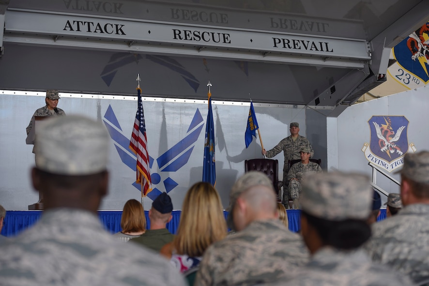 Col. Jennifer Short, 23d Wing commander, speaks during Col. John Chastain’s, 23d Maintenance Group commander, assumption of command ceremony, Aug. 3, 2017, at Moody Air Force Base, Ga. Short expressed confidence in Chastain’s leadership capabilities over the course of commanding multiple squadrons within the maintenance complex throughout various major commands. (U.S. Air Force photo by Senior Airman Greg Nash)