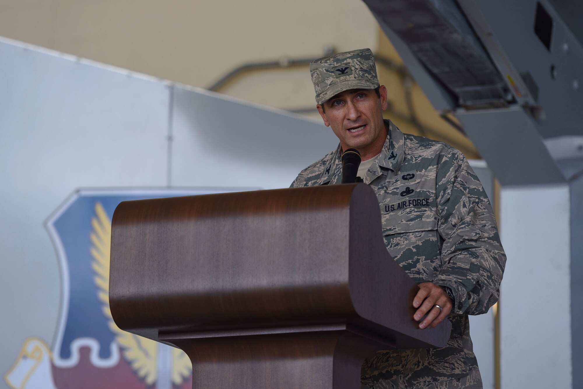 Col. John Chastain, 23d Maintenance Group commander, gives remarks during an assumption of command ceremony, Aug. 3, 2017, at Moody Air Force Base, Ga. Chastain has deployed to Southwest Asia in support of Operations IRAQI FREEDOM and ENDURING FREEDOM, and also commanded multiple squadrons within the maintenance complex throughout various major commands. (U.S. Air Force photo by Senior Airman Greg Nash)