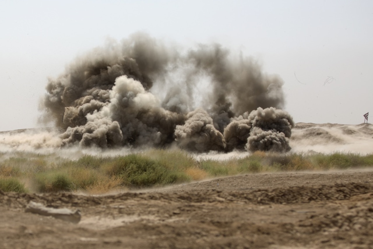 An anti-personnel obstacle breaching system destroys ordinance
