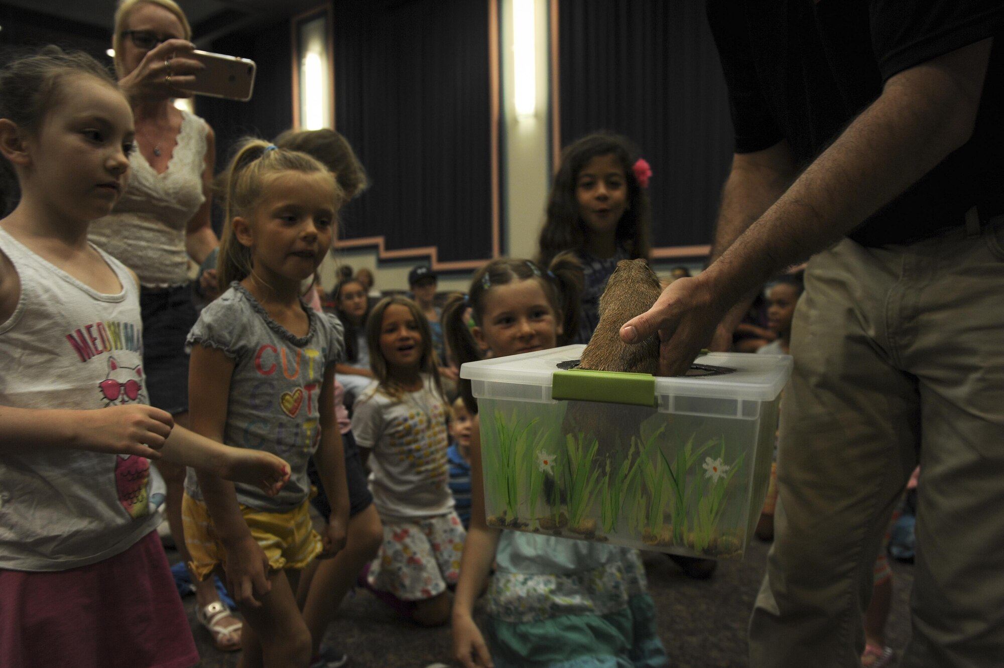 A group of kids looking at prairie dogs.