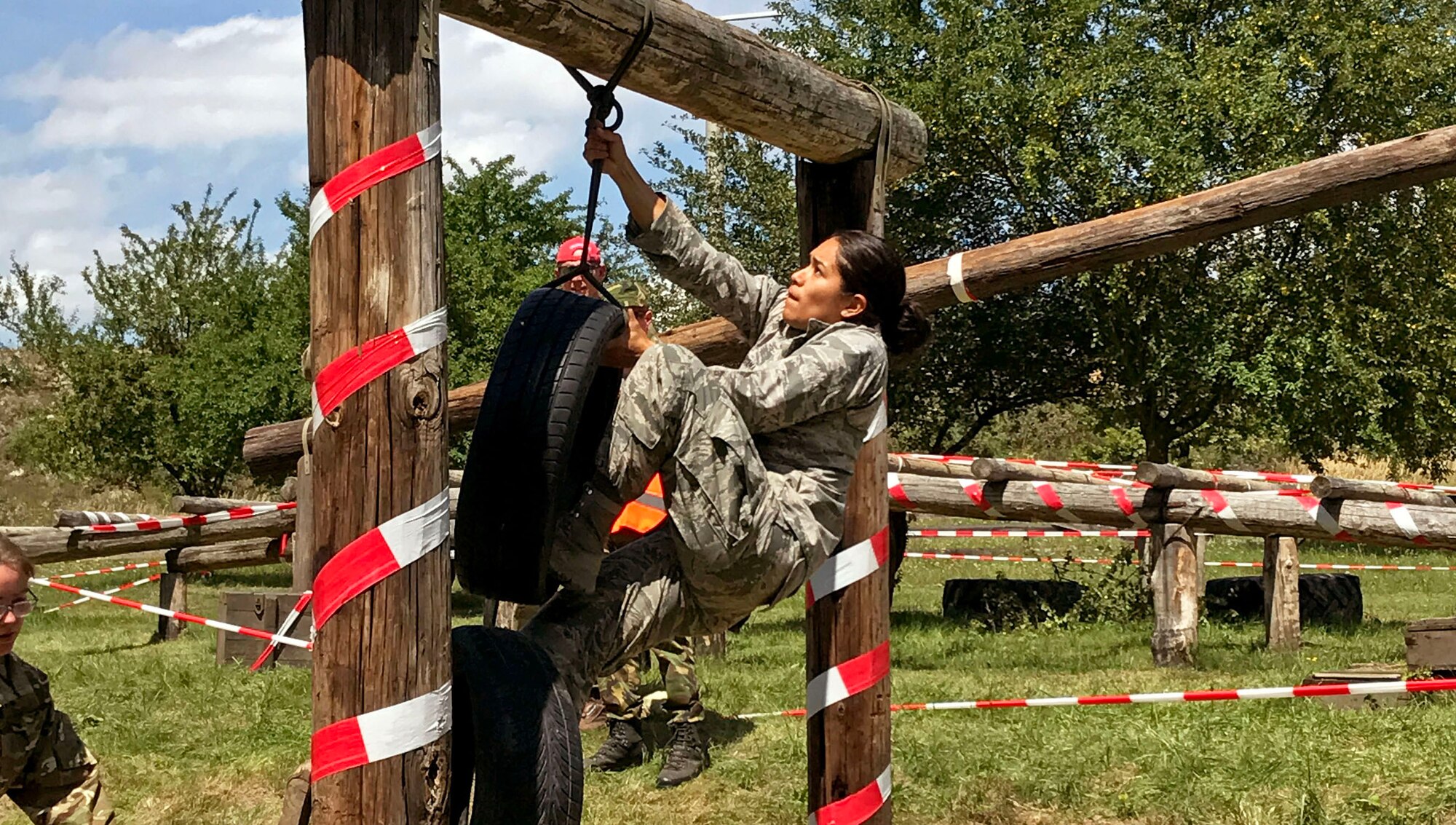 2nd Lt. Andrea Uchiyama, executive officer for the 419th Mission Support Group, tackles an obstacle course in Austria while training for the 2017 Interallied Confederation of Reserve Officers Military Skills Competition, which takes place this week in Prague, Czech Republic