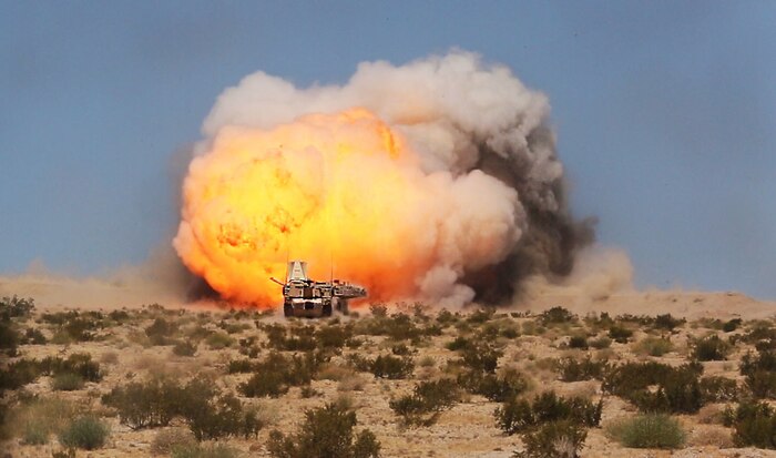 U.S. Marines with 2nd Combat Engineer Battalion, Marine Air Ground Task Force-8 (MAGTF-8) fire a mine clearing line charge (MCLIC) for a Tank Mechanized Assault Course (TMAC) during Integrated Training Exercise (ITX) 5-17 at Marine Corps Air Ground Combat Center, Twentynine Palms, Calif., July 28, 2017. The purpose of ITX is to create a challenging, realistic training environment that produces combat-ready forces capable of operating as an integrated MAGTF. (U.S. Marine Corps Photo by Sgt. Kassie L. McDole)