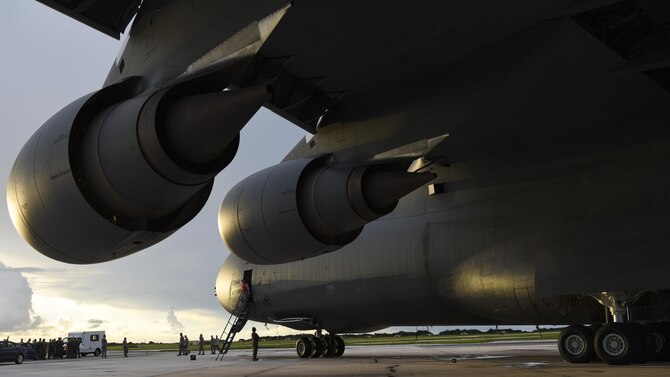 A U.S. Air Force C-5M Super Galaxy assigned to the 22nd Airlift Squadron, Travis Air Force Base (AFB), Calif., arrives at Andersen AFB, Guam July 24, 2017. The C-5 transported equipment and personnel assigned to 37th Expeditionary Bomb Squadron, deployed from Ellsworth AFB, S.D. The 37th EBS replaces the 9th EBS from Dyess AFB, Texas, which is currently supporting U.S. Pacific Command’s Continuous Bomber Presence mission. (U.S. Air Force photo/Tech. Sgt. Richard P. Ebensberger)