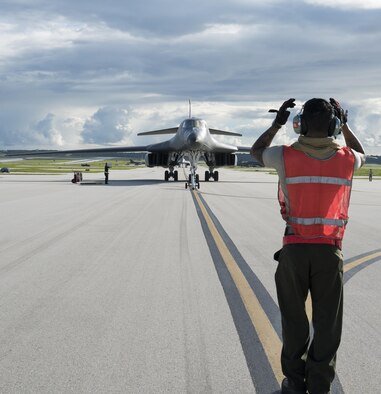 A U.S. Air Force B-1B Lancer assigned to the 37th Expeditionary Bomb Squadron, deployed from Ellsworth Air Force Base (AFB), S.D., arrives at Andersen AFB, Guam July 26, 2017. The 37th EBS replaces the 9th EBS from Dyess AFB, Texas, which is currently supporting U.S. Pacific Command’s Continuous Bomber Presence mission. (U.S. Air Force photo/Tech. Sgt. Richard P. Ebensberger)