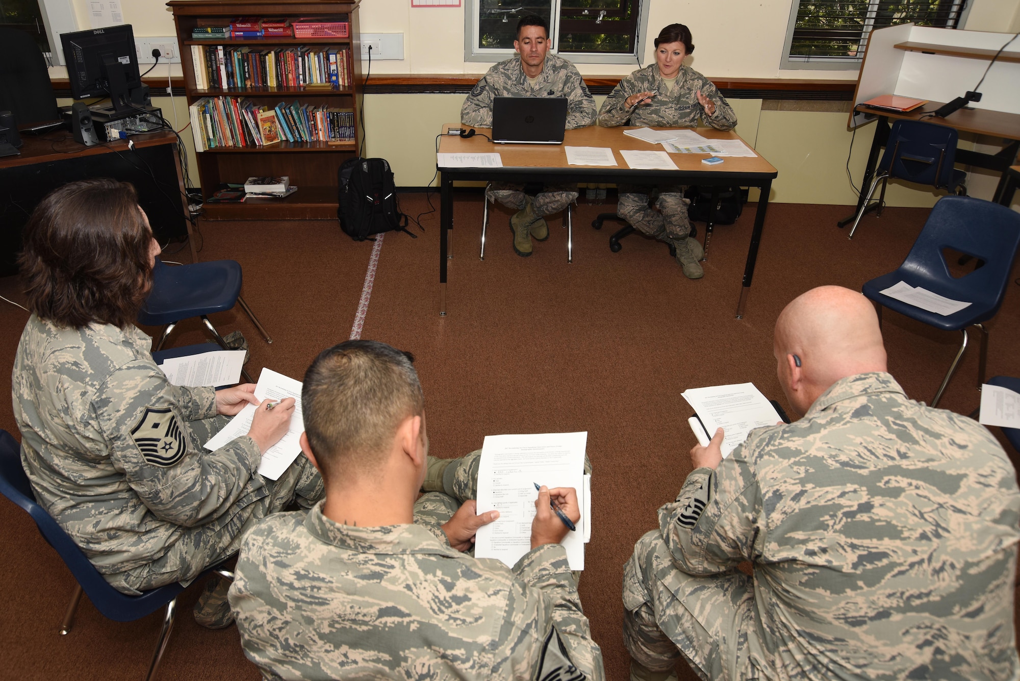 48th Fighter Wing first sergeants participate in a small-group interview at Royal Air Force Lakenheath, England, July 31. The interview was part of U.S. Air Force Chief’s revitalizing Air Force squadrons effort. (U.S. Air Force photo/Airman 1st Class Abby L. Finkel) (Portions of this image have been blurred to protect operational security)
