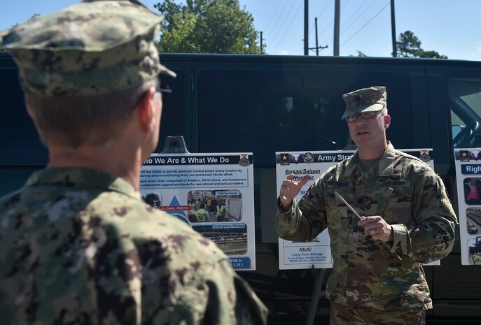 Lt. Col. Kenneth Hoisington, right, U.S. Army Logistics Activity Charleston director, briefs Rear Adm. Lawrence Jackson, U.S. Transportation Command Strategy, Capabilities, Policy and Logistics Directorate outgoing director, and Rear Adm. Peter Clarke, USTRANSCOM Strategy, Capabilities, Policy and Logistics Directorate incoming director, on operation details Aug. 1 at Wharf Alpha at the Joint Base Charleston - Weapons Station as part of an orientation visit. Jackson and Clarke received a 437th Airlift Wing mission and 841st Transportation Battalion briefing, observed demonstrations and toured a C-17 Globemaster III and the 437th Aerial Port Squadron during the visit. USTRANSCOM is a unified, functional combatant command which provides support to the eight other U.S. combatant commands, the military services, defense agencies and other government organizations by providing full-spectrum global mobility solutions and related enabling capabilities for supported customers’ requirements in peace and war.